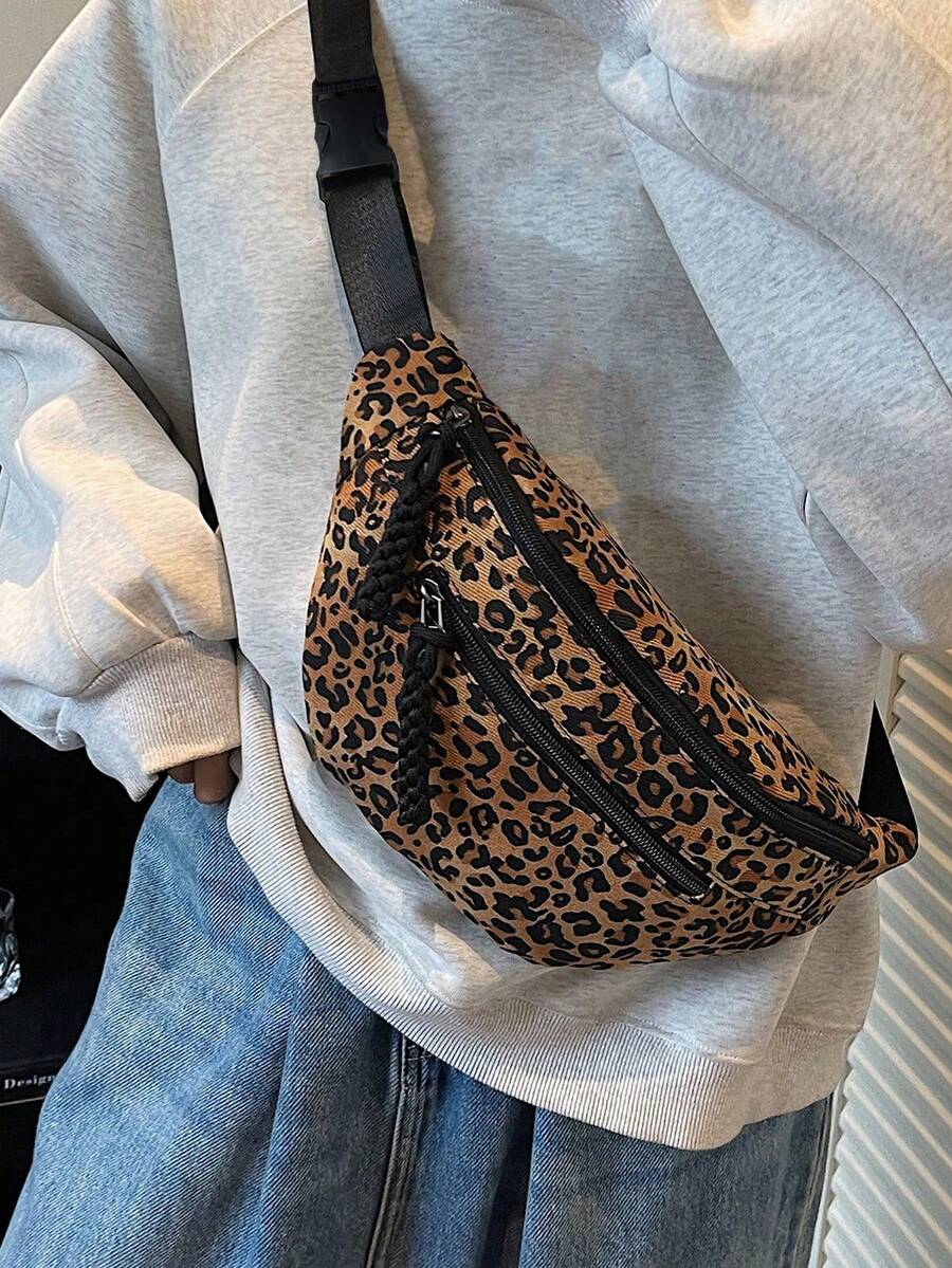 女士时尚豹纹冬季斜肩腰包，编织拉链休闲腰包，户外运动斜挎胸包