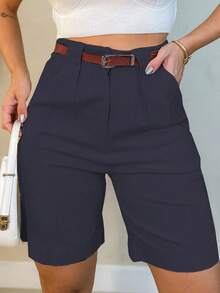 Women's Linen Shorts/Plinsaso/With Belt Loops/Knife Pocket/Includes Belt - New Navy Blue - View 1