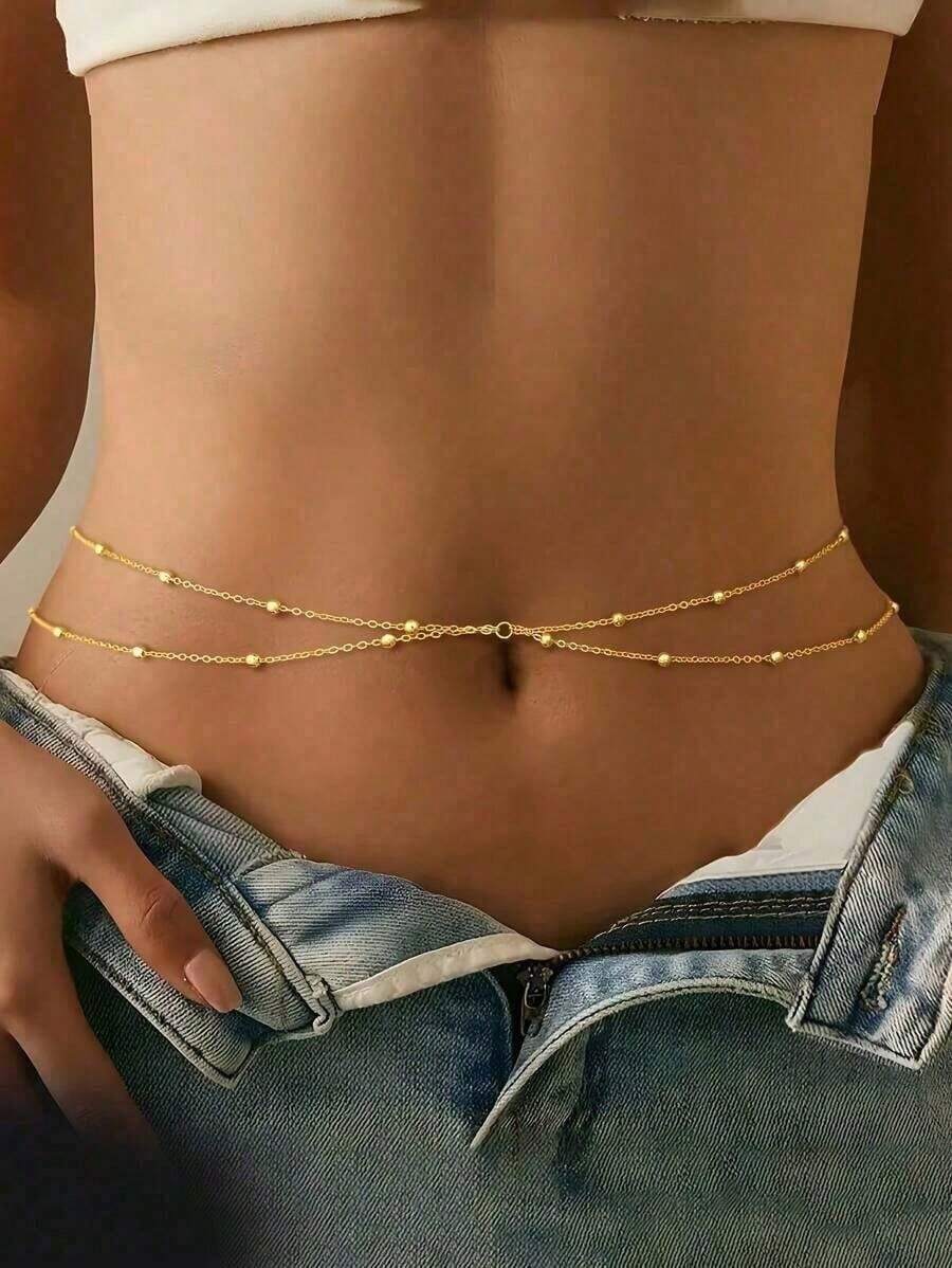 1pc Versatile Minimalist Round Bead Waist Chain, Fashionable Copper Round Beads Layered Body Chain Women, Summer Beach Party Small - 金子 - 查看 1