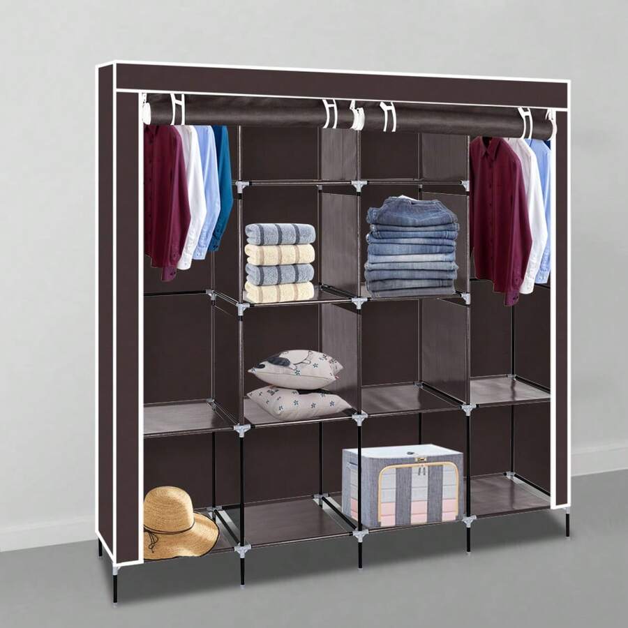 67" Dark Brown Portable Clothes Closet Wardrobe – 12 Shelves & 4 Side Pockets, Storage Rack – Ideal For Bedroom, Dorm, Guest Room – Organizes Clothes, Accessories – Space-Saving - Black - View 1