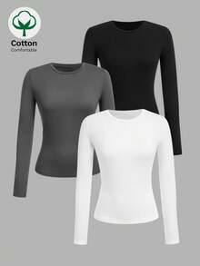 3件套女士棉质休闲T恤套装，修身透气亲肤，秋冬日常必备 - 彩色 - 查看 2