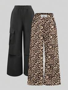 Purechapter 2 Peças Conjunto de Calças para Meninas, Calça Cargo Preta Casual com Bolso Lateral e Calça Reta de Cintura Elástica com Estampa de Leopardo, Adequado para Uso Casual Diário, Atividades ao Ar Livre, Outono/Inverno