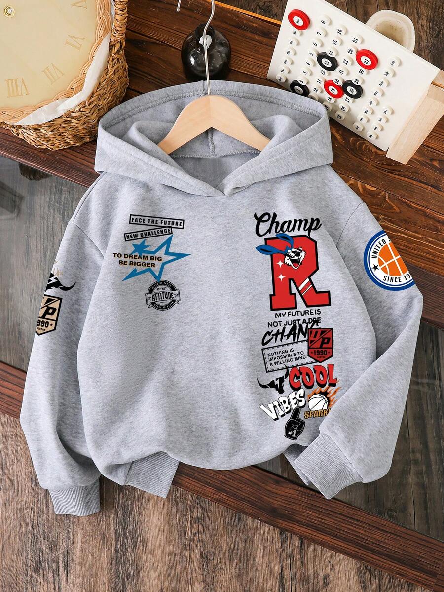 男童字母印花保暖卫衣 - 灰色 - 查看 1