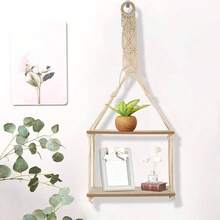 2 Tier Hanging Floating Macrame Rope Shelf Wooden Storage Kitchen Wall Boho Decor HANGING SHELF 30x10x72 - Initial - View 3