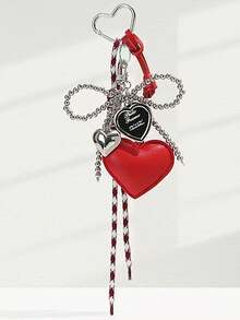 简约时尚，可爱心形包包挂饰，银色串珠蝴蝶结装饰，高性价比包包配饰，小巧别致的心形钥匙扣，甜美别致的风格装饰，适合日常搭配或作为包包挂饰/钥匙扣礼物，复古红 - 紅色 - 查看 4