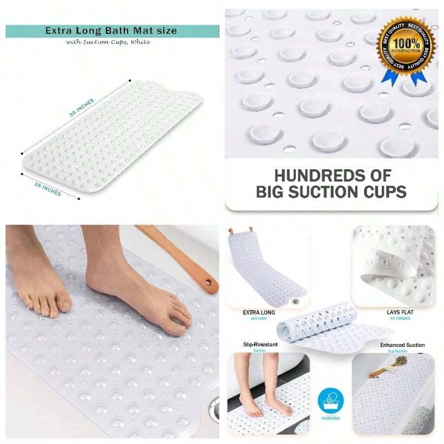 Alfombrilla de bao Antideslizante con ventosas, 100x40cm40x16in Tapetes para Tina de Bao extralargas antimoho, Lavable a mquina, sin ltex para Ancianos y nios. Black - Blanco - Ver 1
