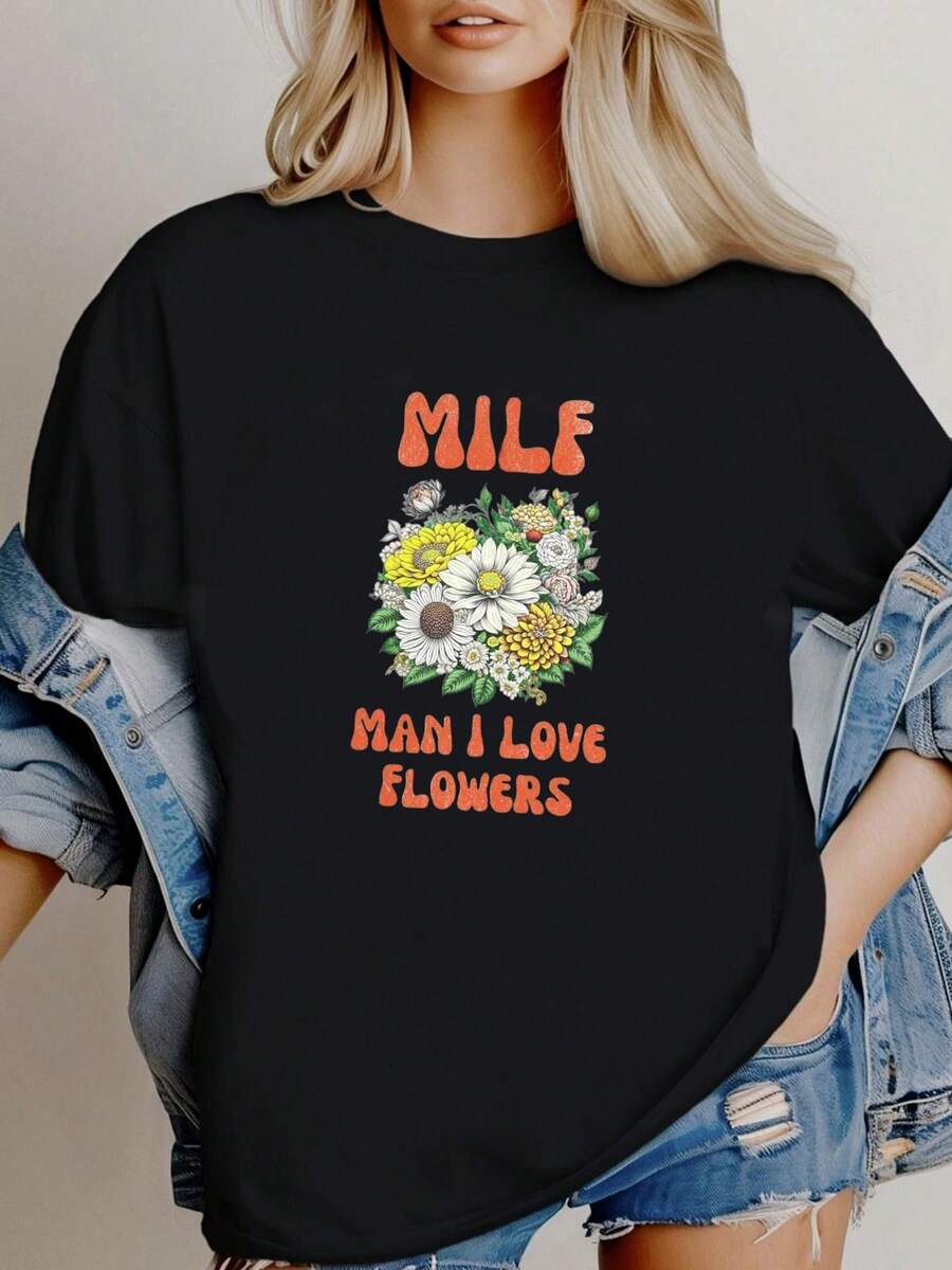 180g pure Cotton Felpa "MILF - Uomo che amo i fiori", Felpa divertente Milf, Maglietta Milf, Felpa Uomo che amo, Maglietta a fiori, Maglione per ati delle piante Casual fashion graphic Summer Print Round Neck Short Sleeve Soft women Breathable female - Blanco - Ver 1