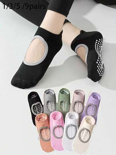 1/3/5/9 Pairs Women Yoga Socks With Silicone Grip, Professional Non-Slip Breathable Backless Fitness Socks For Yoga, Pilates, Indoor Workout, Suitable For Various Occasions