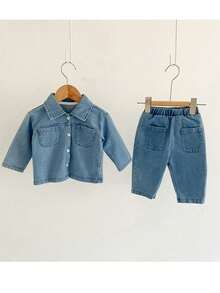 Timzgo 2pcs/Set Young Boy New Washed Blue Casual Loose Elastic Hem Denim Top & Loose Relaxed Tapered Denim Pants Set, Fashionable Versatile Design For Daily Wear - Light Wash - View 8