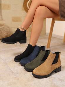 Women's Solid Color Round Toe Casual Fashion Slip-On Chelsea Ankle Boots