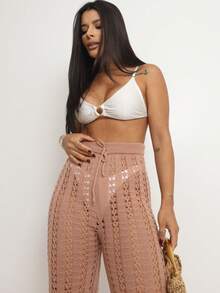 Women's Crochet Knit Beach Cover-Up | Elegant, Openwork, Chic Wide-Leg Pants With Adjustable Waist - Beige Beach Pants - View 6