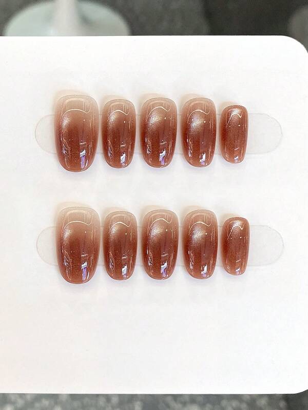 10pcs Handmade Press-On Nails, French Red-Brown Ombre Gold Glitter Cat Eye Medium Length Acrylic False Nails Set, Almond Shape Artificial Nails Suitable For Women And Girls As Gift