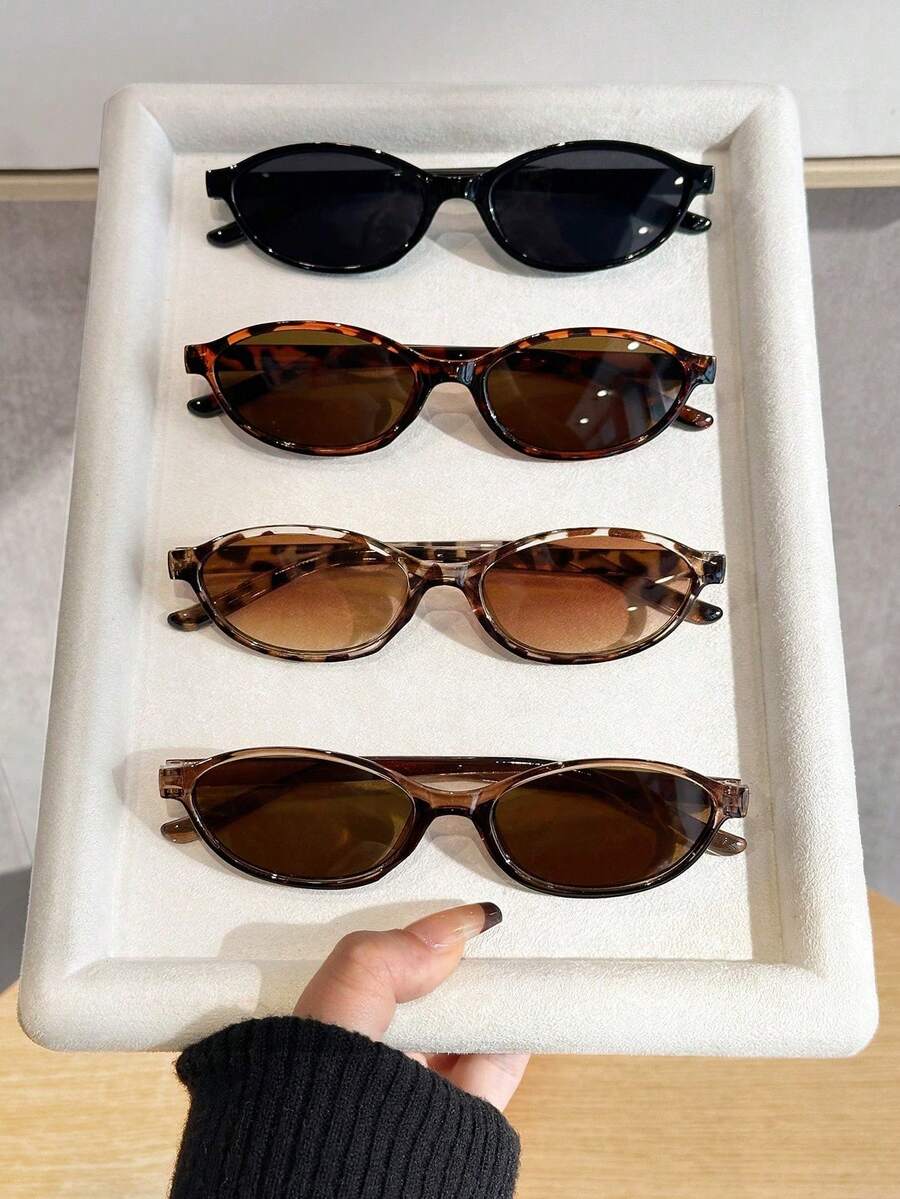 4pcs Women's Retro Plastic Small Oval Multi-Color Vintage Portable Versatile Minimalist Fashion Fashion Glasses, Suitable For Travel, Beach, Bar, Outings And Other Occasions, An Ideal Fashion Accessory - 4pcs 紋茶白豹紋 - 查看 1