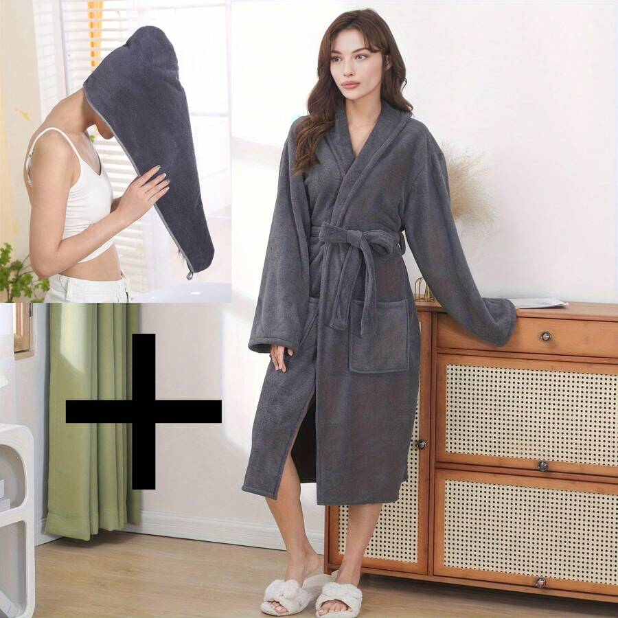 柔软吸水干发帽，纯色带滚边，柔软吸水干发帽和浴袍套装，温暖舒适，适合沐浴、游泳、浴室、泳池，四季皆宜，可用于美容院、酒店、运动、家居等场合，毛巾，护肤干发巾 - 深灰色 - 查看 1