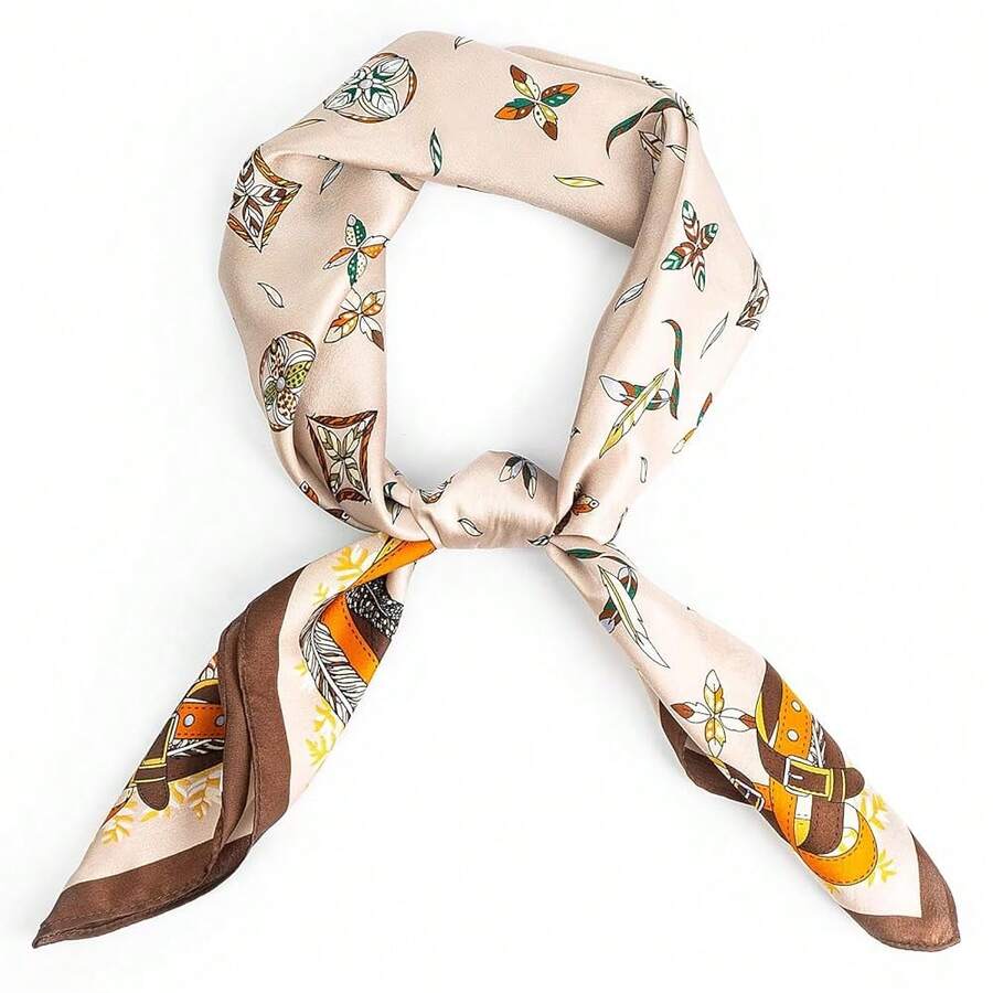 Mulberry Silk Scarfs Small Square Scarfs For Women 21" X 21" Lightweight Square Satin Head Scarf Neck Scarves{"Size_name":"27x27inch","Color_name":"BeigeFeathers"} - 米色羽毛27x27英寸 - 查看 1