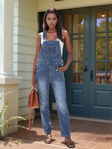 Mono vaquero sin mangas para mujer, mono informal sin estiramiento con bolsillos y botones, adecuado para uso diario