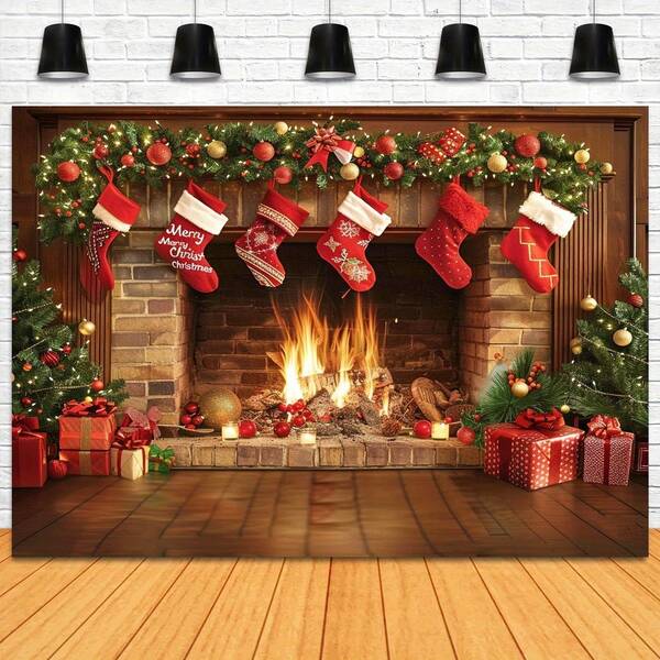 Christmas Fireplace Polyester Backdrop With Xmas Tree And Stockings - Multipurpose Party Decoration Banner, No Electricity Required, Ideal For Holiday Photography, Photo Booths, And Festive Events (1pc)
