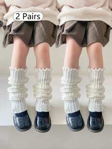 2 双/4 双儿童/青少年针织腿套，罗纹脚踝腿套，保暖腿套，秋冬时尚纯色，白色、黑色、卡其灰色，荷叶边，适合日常穿着和礼物