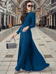 KOH KOH Women's Long Sleeve Crew Neck Maxi Jumpsuit With Pockets Flowy Overlay Cape Train High Waist Pull On Soft Stretch Stretchy Jersey Knit Comfortable Comfy Dressy One Piece Pantsuit Wide Leg Palazzo Pants Full Length Floor Length Loose Fit Modest Elegant Simple Solid Classy Slimming Flattering Draped Romper Timeless Classic Bridesmaid Wedding Guest Mother Of The Bride Or Groom Prom Evening Glam Cocktail Party Semi Formal Or Formal Black Tie Gala Engagement Anniversary Graduation Homecoming Church Choir Sunday Baptism Funeral Baby Shower Bridal Shower Office Workwear Business Meeting Dinner Date Night Holiday Vacation Travel Cruise Spring Summer Fall Autumn Garden Party Beach Wedding Nightclub Club Clubbing Petite And Plus Size Tall Curve Curvy Maternity Friendly Photoshoot Outfit For Girls And Women - 卡普里藍 - 查看 2