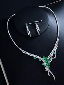 Conjunto de collar y aretes de lujo con rhinestones de cobre, joyería nupcial y de boda, diseño de gota verde con diamantes completos, accesorios de moda para vestido de noche, set de 2 piezas