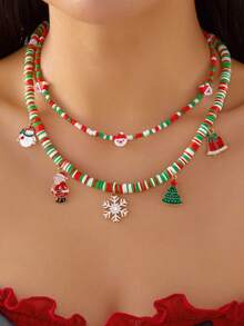 1 buc Lanț Reglabil din Aliaj cu Mărgele din Lut Polimeric, Colier cu Pandantiv de Crăciun cu Mai Multe Straturi, Moș Crăciun, Brad de Crăciun, Om de Zăpadă - Colier la Modă și Versatil pentru Femei, de Crăciun, Sărbători, Petrecere, Evenimente, Bijuterii Choker - Cadou (Culoare Aleatoare)