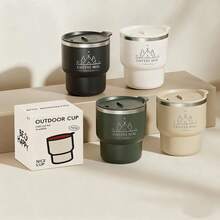 1 pieza Taza de café de acero inoxidable 304 de 400ML con tapa, vaso aislado de doble capa, vaso de bebida de gran capacidad de pared doble portátil, taza termo, taza reutilizable resistente al frío y al calor para té, leche, café, recipiente duradero para bebidas, adecuado para estudiantes y adultos en la escuela, oficina, campamento al aire libre, picnic, viaje