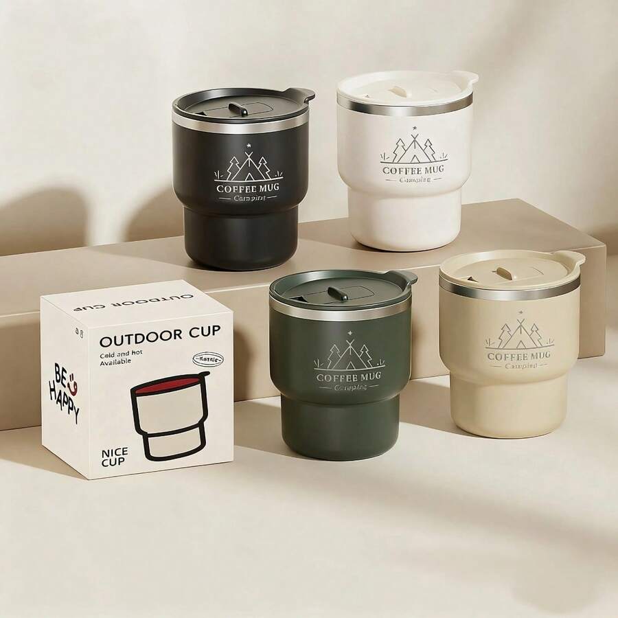 1 pieza Taza de café de acero inoxidable 304 de 400ML con tapa, vaso aislado de doble capa, vaso de bebida de gran capacidad de pared doble portátil, taza termo, taza reutilizable resistente al frío y al calor para té, leche, café, recipiente duradero para bebidas, adecuado para estudiantes y adultos en la escuela, oficina, campamento al aire libre, picnic, viaje