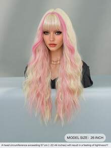 7JHH WIGS Long Wave Blonde & Pink Highlight Wigs For Women - Loose Fluffy Wavy Curly Wig With Bangs, Full Machine High Density Synthetic Heat Resistant Fiber Hair, Exaggerated Style Anime Halloween Costume Wigs For Cosplay Wear, Masquerade Ball & Music Festival Carnival Party Use 26 Inch - 粉色 - 查看 3