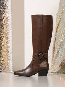 Women's Fashion Knee-High Boots, Brown Commuter Side Zipper High Heel Boots, Casual Dress Boots With Square Toe And Chunky Heel For Autumn/Winter - Brown - View 12