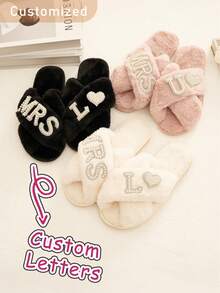 Personalised Custom Mrs Bride Wedding Slippers Fluffy Slippers With Faux Pearls Letters Hen Party Bridesmaid Gift Ornamental Stylish,Fashion,Hipster,Contracted,Casual,Cute Cuties,Modest Fashion,Minimal Chic,Cozy Custom,Unique,Personalized Treasurefinds Ideal Gifts For Him Family,Friends - Multicolor - View 4