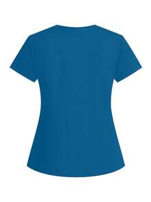 cimmuovere Plus Size Women Short Sleeve Round Neck 4-Pocket Solid Color Scrubs Nurse Scrubs Workwear Dentist Healthcare Pet Hospital Laboratory Top - Blue - View 2