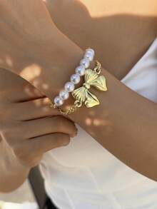 2pcs Gold Vintage Coin Style CCB Faux Pearl Beaded Bow Bracelet Set For Women, Suitable For Party, Gathering, Gift (Faux Pearl Quantity & Size Varies)