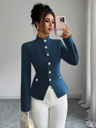 Women's Solid Color Woven Front Button Faux Pocket Casual Commuting Office Elegant Blouse, Suitable For Spring, Autumn And Winter