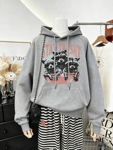 1 Stück grauer Pullover Hoodie mit Kordelzug und Taschen, Damen Cartoon Waschbär Muster Lässig Sweatshirt, Loose Fit, Langarm Jacke Hoodie Top für Herbst/Winter, Ins Style