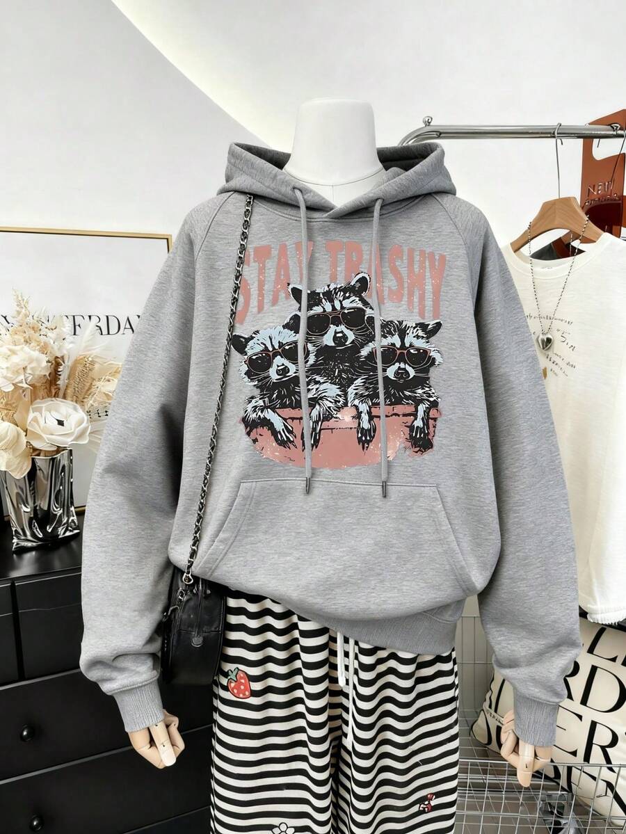 1 Stück grauer Pullover Hoodie mit Kordelzug und Taschen, Damen Cartoon Waschbär Muster Lässig Sweatshirt, Loose Fit, Langarm Jacke Hoodie Top für Herbst/Winter, Ins Style