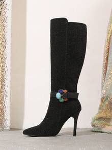 时尚性感黑色过膝长靴，女士款，彩色金属扣装饰，侧拉链设计，尖头高筒靴，舒适细高跟，适合派对、假日、秋冬季节等场合。 - 黑色 - 查看 11