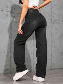 Pantalones vaqueros holgados de tiro alto en negro, tejido suave y elástico, versátiles para looks casuales y modernos. - Negro - Ver 2