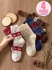4 pares de calcetines de media caña de mujer con renos vintage para Navidad, cálidos y acogedores para otoño e invierno, carnaval navideño. Envío aleatorio, sin caja de regalo. 2/4/8/10/20 piezas (1 pieza = 1 calcetín, 2 piezas = 1 pieza)