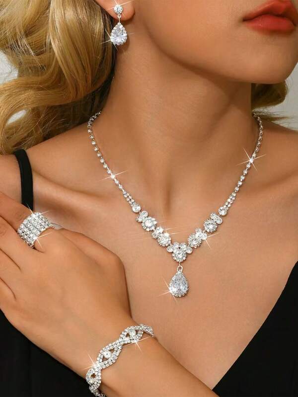 4 pezzi Set di gioielli da sposa tempestati di cristalli: collana con pendente a goccia, bracciale, orecchini, anello, set di gioielli eleganti per donne