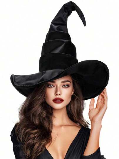 1pc Women's Large Ruffled Witch Hat, Women's Black Witch Hat Adult Halloween Cosplay Wizard Costume Accessories, Black Removable Witch Headband, Hat Costume Accessories Women Halloween Party, Halloween Wreath Party Decoration, Cosplay Magic Party Wizard Headdress Wide Brim Pointed Hat, Cosplay Costume Accessories,