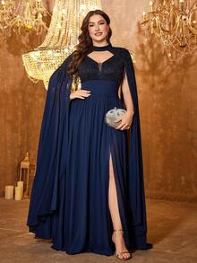 UNITHORSE Plus 女式露背超长袖贴花流苏修身开衩气质晚礼服 - 藏蓝色 - 查看 1