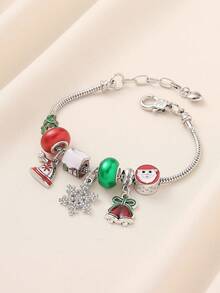 1pc Christmas Cute Painted Oil Rhinestone Snow House, Christmas Tree, Snowflake Charm Beaded Bracelet, Multi-Element DIY Chain Bracelet, Suitable For Women Holiday Party Wear, Gift