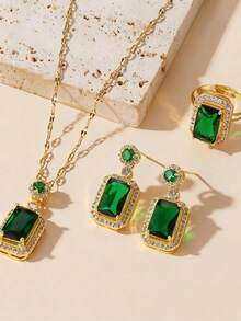 European American Style Jewelry Set Diamond Earring With Niche Design Ring Necklace Matching Jewelry Chain - Gold - View 3
