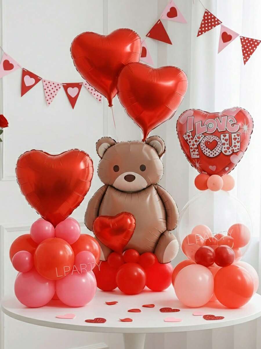 44pcs/Set Valentine's Day Party Decoration Balloon Set, Includes Giant Brown Bear Balloon, 18-Inch And 10-Inch Red Heart-Shaped Balloons, 18-Inch Red Printed "I Love You" Slogan Heart-Shaped Balloons, 18-Inch Clear Bobo Balloons, 10-Inch Red/Magenta/Macaron Pink Latex Balloons - Multicolor - View 1