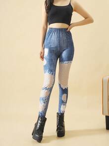 1 Pair Denim Blue Printed Hollow Mesh Tights, Suitable For Casual Daily Wear