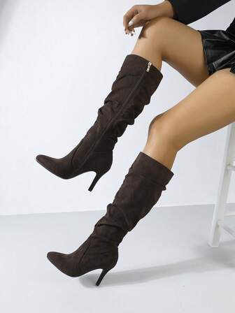 Timesize Cizme peste genunchi maro, cizme cowboy, cizme cu platformă, pantofi de nuntă pentru femei, cizme de iarnă, cizme cu toc subțire, cizme înalte cu toc super înalt, model aleatoriu cu șifonare, sexy, cizme cu toc mic, petrecere