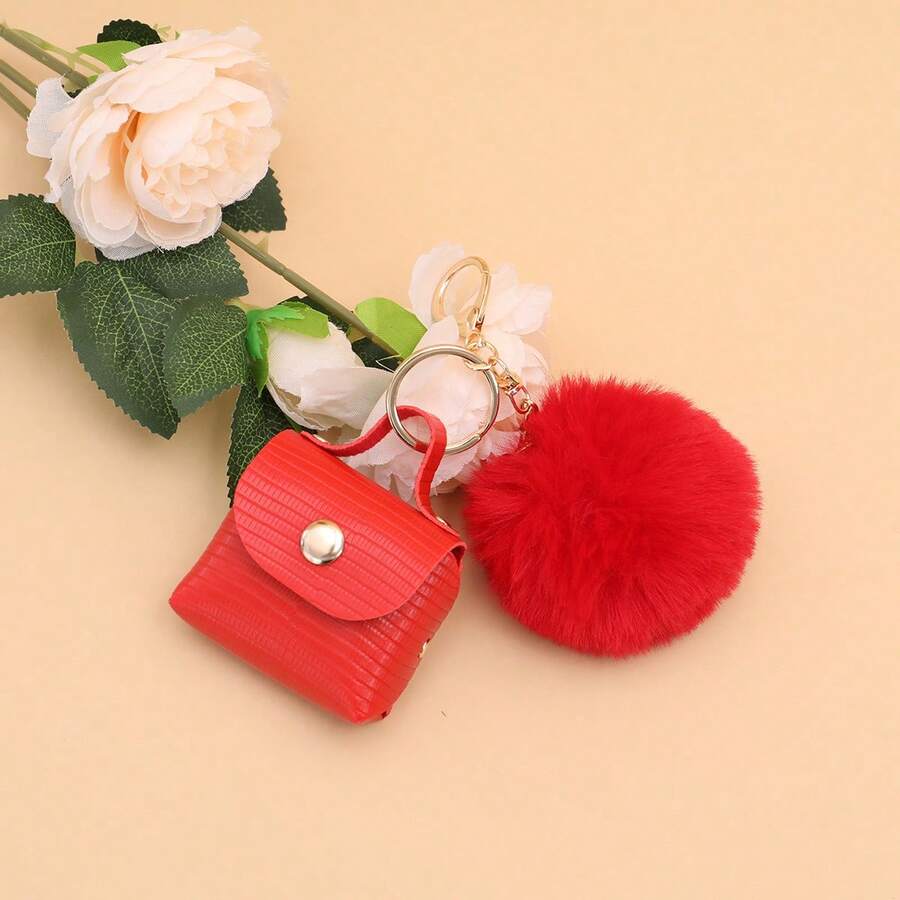 Fashionable And Versatile Bag Charm, Mini Earphone Pouch, Charm Pendant For Women Handbag, Fluffy Pom-Pom Mini Bag Charm Keychain - Red - View 1