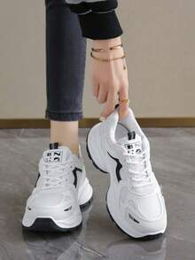 Women's Spring/Autumn New Sports Chunky Sneakers, Mesh Breathable Platform Low Vamp Wedge Heel Casual Shoes, Lightweight Versatile Fashion Casual Lace-Up White Grey Sneakers, White Blue - Black - View 6