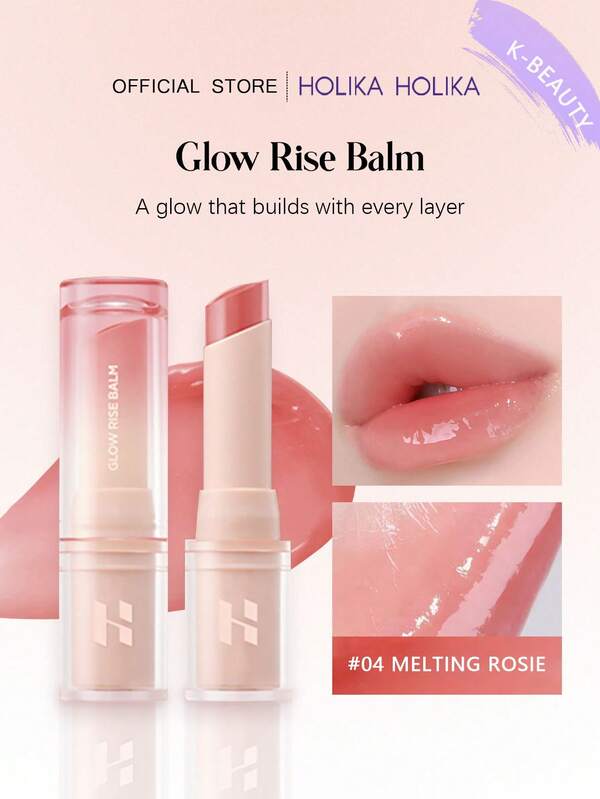 HOLIKA HOLIKA Glow Rise Balm, jedwabisty, kremowy balsam, który nadaje ustom delikatny, lśniący połysk i pełniejszy, soczysty wygląd. Nawilża, zapobiegając wysuszeniu, a jednocześnie zapewnia lekką konsystencję, idealną do codziennego noszenia. 4,5 g / 0,15 uncji