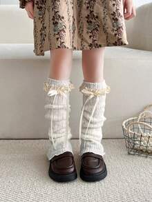 زوج/زوج واحد من الساقيات المحبوكة للأطفال والمراهقين، أكمام الساق، دافئة، فيونكة، تشطيب بالدانتيل، خريف/شتاء، جميع المواسم، أبيض، أسود، خاكي، بني، لون سادة، حافة مجعدة، أنيقة وجميلة، مناسبة للارتداء اليومي والهدايا